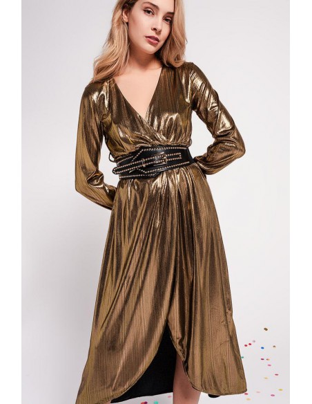 VESTIDO MIDI DORADO CRUZADO
